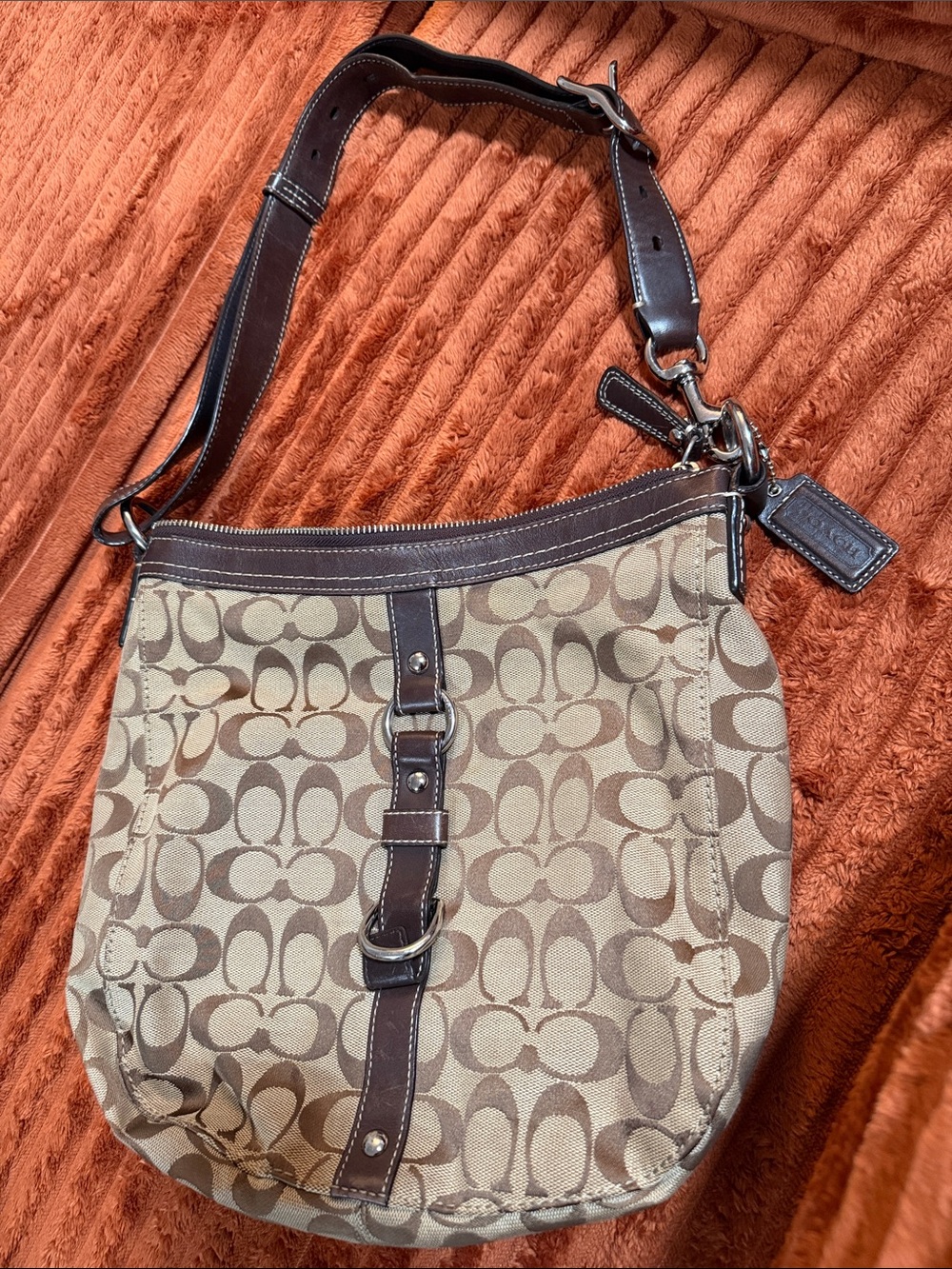 Coach Beige and Brown Signature Canvas Shoulder Bag